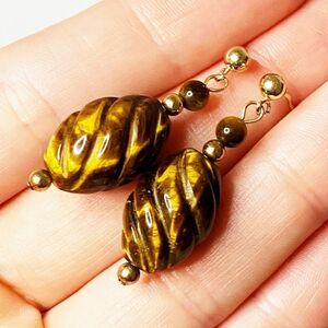 Vintage 14k gold filled carved tigers eye gemstone drop earrings